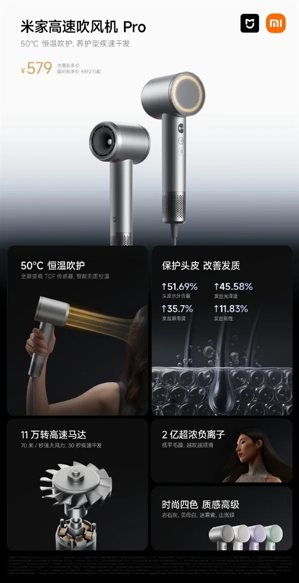 米家高速吹风机Pro：11万转高速马达，不到500元对标戴森