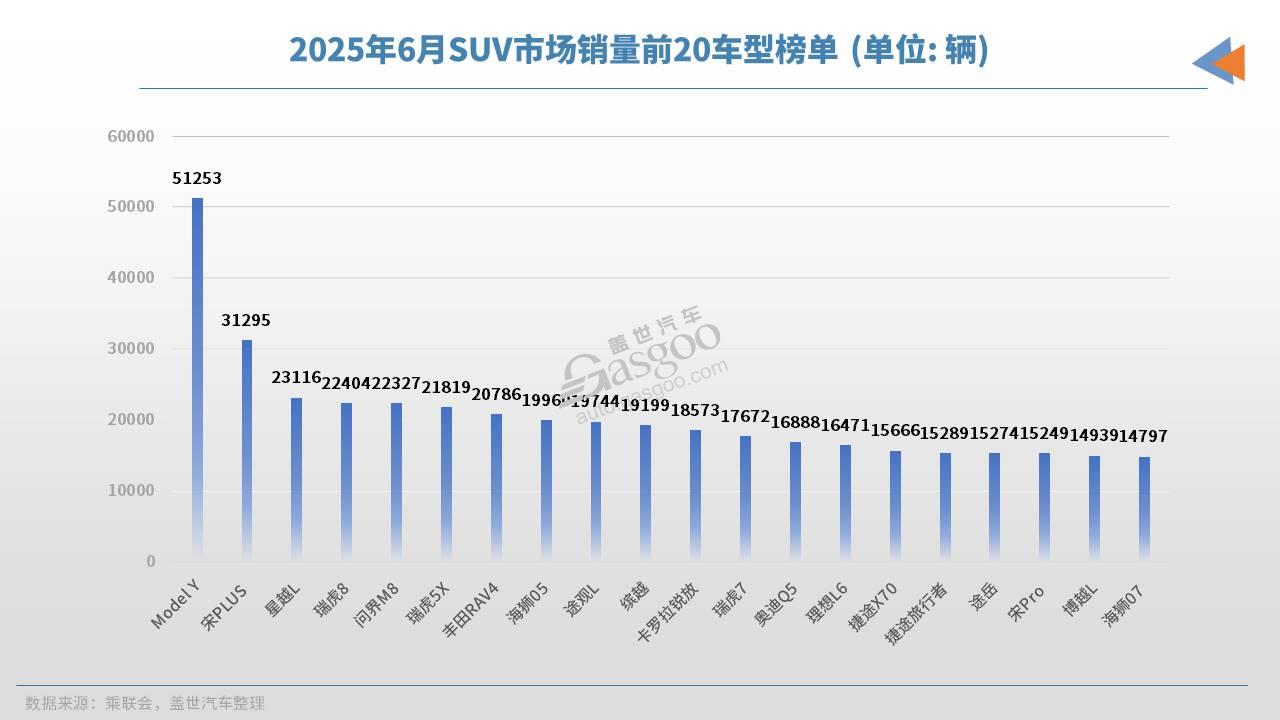 2025年6月SUV销量TOP20：Model Y月销破5万辆，自主&ldquo;夺下&rdquo;高端市场？